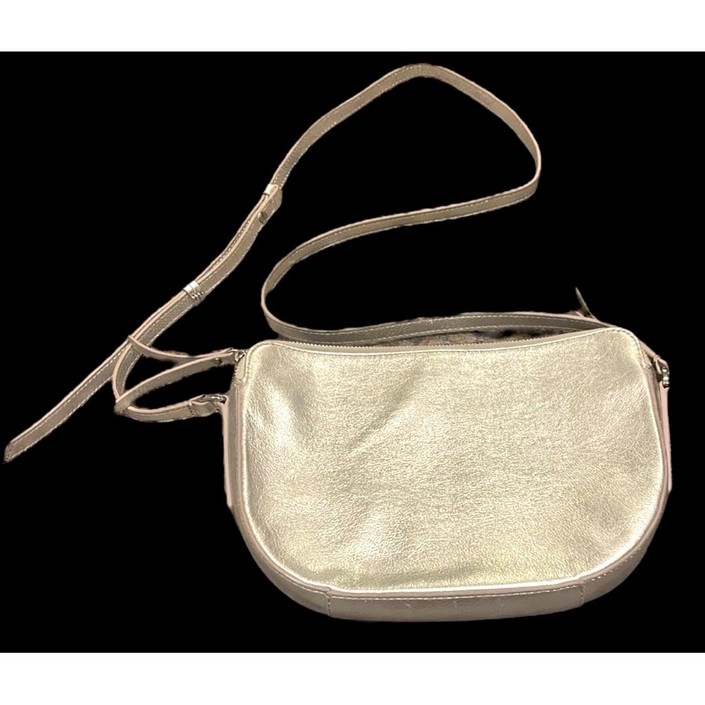 Banana Republic Woman's Silver Leather Double Top Zip Crossbody Bag Clutch Purse